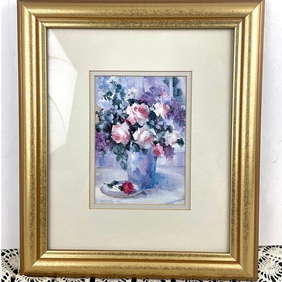 Vintage Other - VTG Pink Roses In Vase Penny Dermand Print Wall Decor Hanging Framed 12"x15"